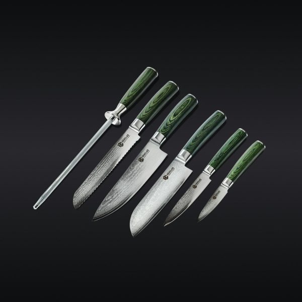 Essential Damascus Steel Knife Set. 6-pc (Green)