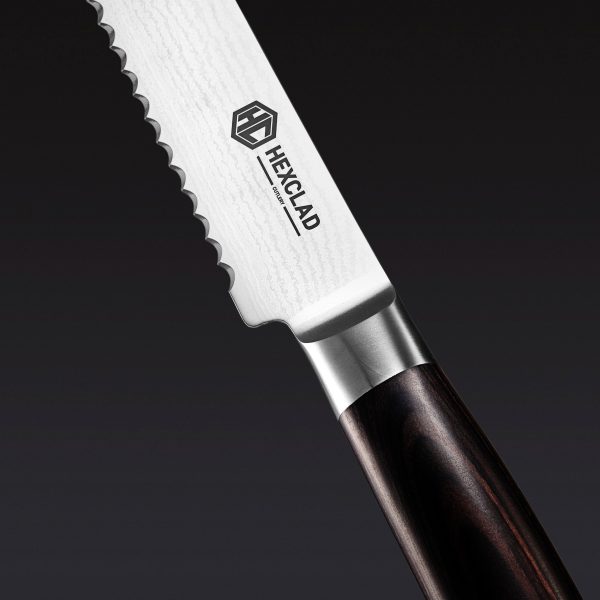HexClad_6pcEspressoKnifeSet_CTKF06-EPW-ST_SerratedBreadKnife_Blade_Detail_Black_0525-1.jpg Damascus Steel Knife Set. 6-pc (Espresso)