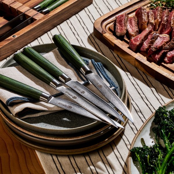 Damascus Steel Steak Knife Set. 8-pc (Green)