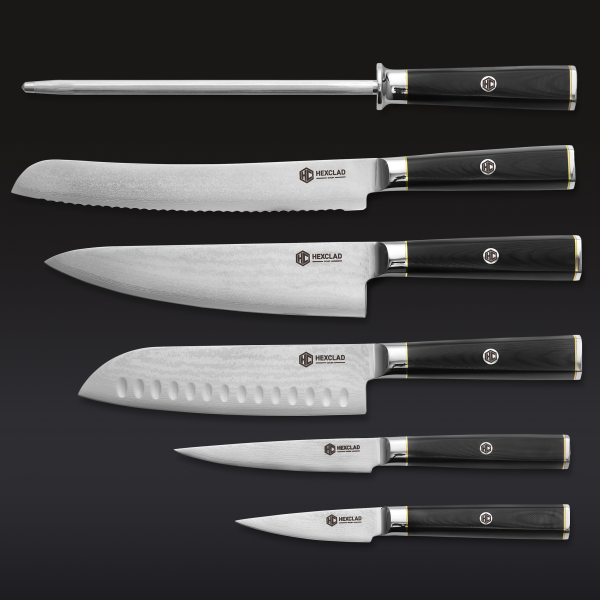 HexClad_7pcMasterSeriesJapaneseDamascusSteelKnifeSetWithKnifeBlock_BNKFKB07-ST-G10_Overhead_Black_1023_2-scaled-1.png Master Series Damascus Steel Knife Set. 6-pc