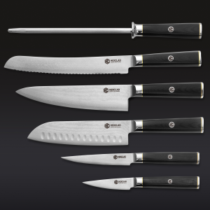 HexClad_7pcMasterSeriesJapaneseDamascusSteelKnifeSetWithKnifeBlock_BNKFKB07-ST-G10_Overhead_Black_1023_2-scaled-2.png Master Series Damascus Steel Knife Set. 6-pc