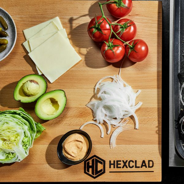 HexClad_DoubleBurnerGriddle_CWGD21-C_CaliforniaBurgerWithSpecialSauce_042224_KF_01_SQUARE.jpg Beechwood Cutting Board. Extra-Large