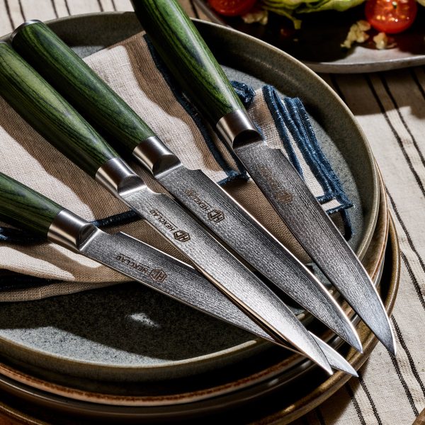 Damascus Steel Steak Knife Set. 4-pc (Green)