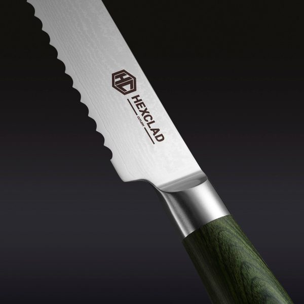 Damascus Steel Serrated Bread Knife. 8″ (Green)